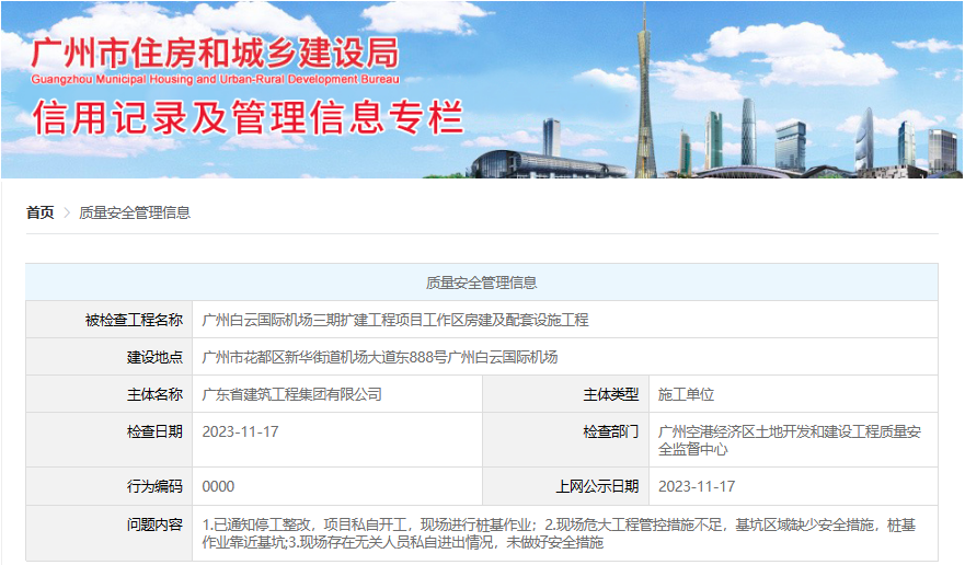 项目私自开工存在质量安全问题 广东省建筑工程集团有限公司被公示