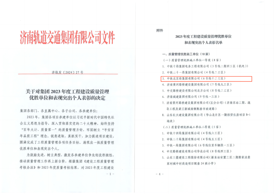 济南地铁6号线工区荣获2023年度工程建设质量管理优胜单位荣誉称号